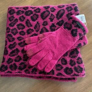 Coach Fuchsia and Black Angora Rabbit Hair Knit infinity Scarf and Gloves Set